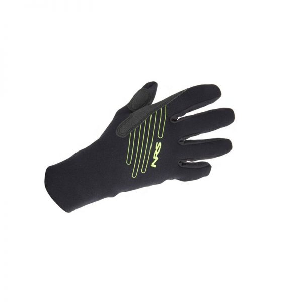 A pair of black gloves with a green stripe on them.