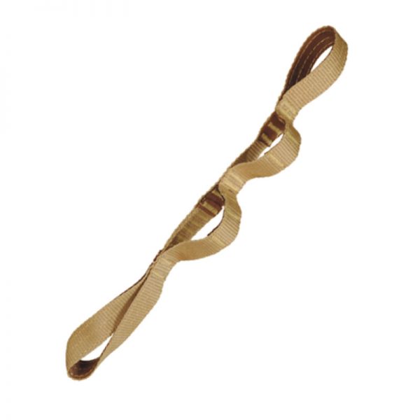 A beige rope with a brown handle on a white background.