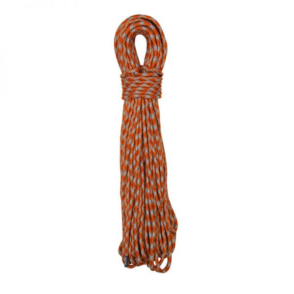 An orange and grey rope on a white background.