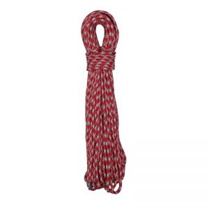 A red and grey rope on a white background.