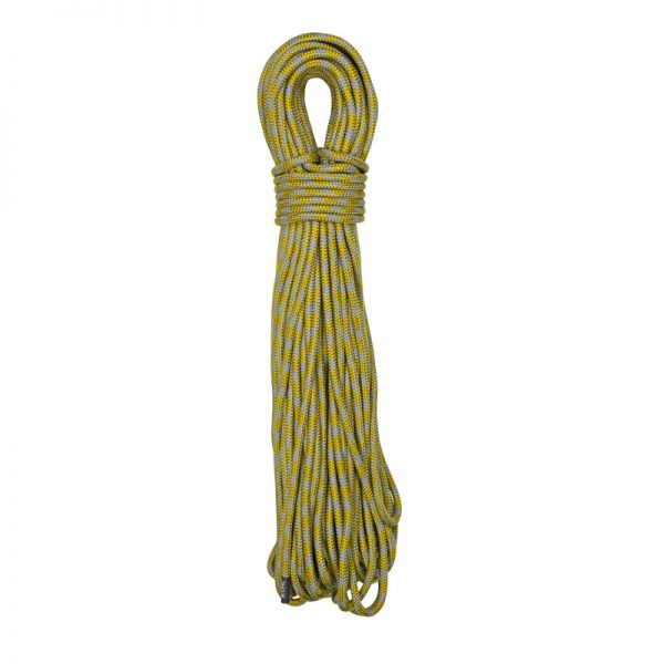 A yellow and grey rope on a white background.