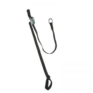 A black lanyard with a hook attached to it.
