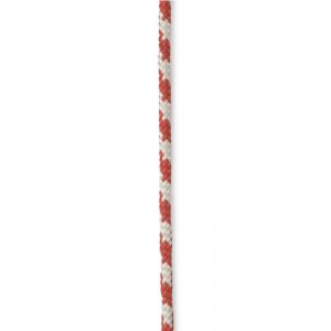A red and white paper straw on a white background.