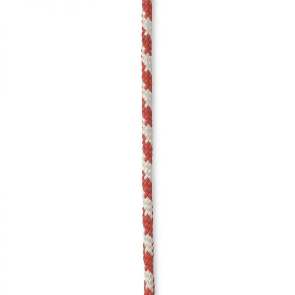 A red and white paper straw on a white background.