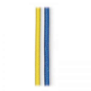 A blue and yellow rope on a white background.