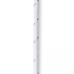 A white LADDERLINE, 3/8, CMC rope with red stripes on it.
