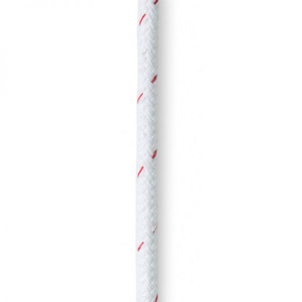 A white LADDERLINE, 3/8, CMC rope with red stripes on it.