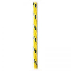 A yellow and blue LADDERLINE, 3/8, CMC rope on a white background.