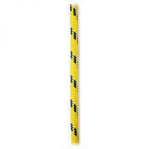 A yellow and blue LADDERLINE, 3/8, CMC rope on a white background.