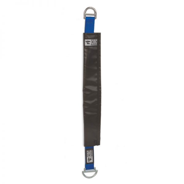 A black and blue LADDERLINE, 3/8, CMC strap with a hook on it.