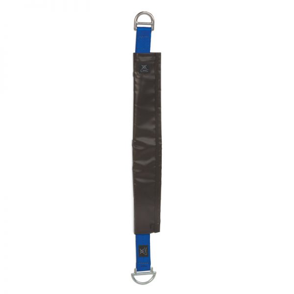A black and blue LADDERLINE, 3/8, CMC strap with a blue buckle.