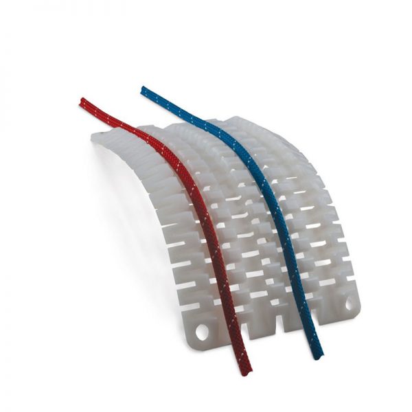 A white, blue, and red plastic LADDERLINE holder with a blue and red stripe.