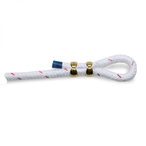 A white LADDERLINE rope with a gold ring on it.
