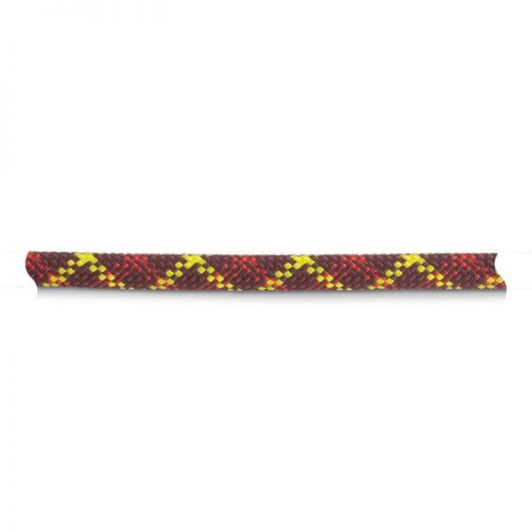A red and yellow LADDERLINE, 3/8, CMC braided rope on a white background.