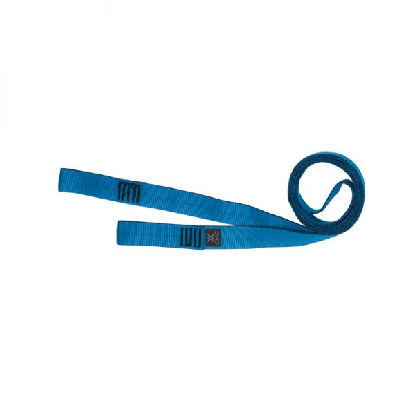 A blue strap with a black handle on a white background.