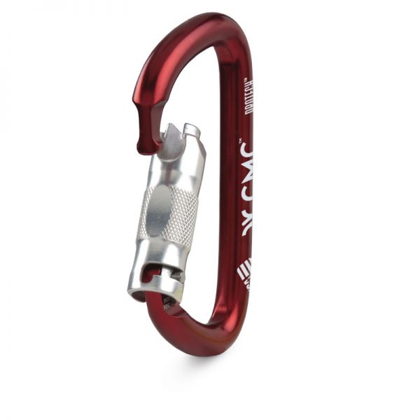 A red LADDERLINE, 3/8, CMC carabiner with a metal handle.