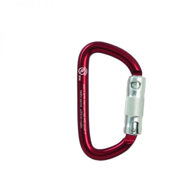 A red LADDERLINE, 3/8, CMC carabiner on a white background.