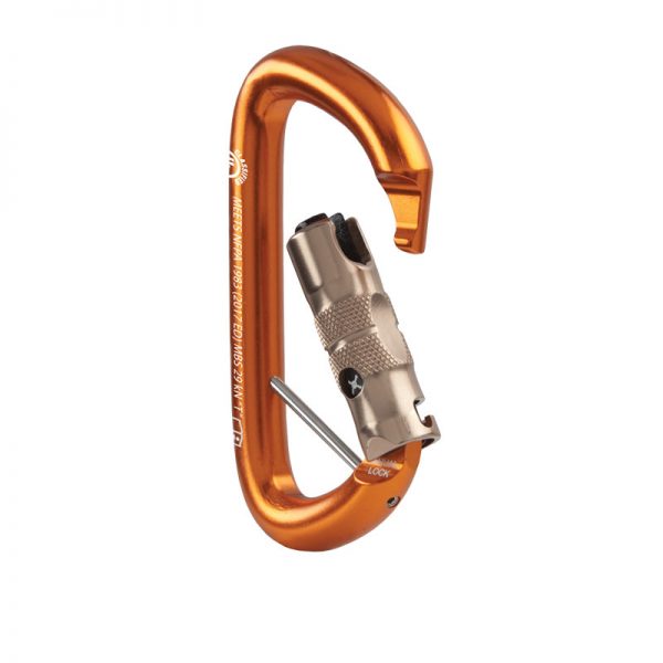 An LADDERLINE, 3/8, CMC carabiner on a white background.