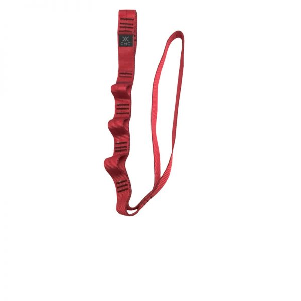 A red bungee lanyard on a white background.