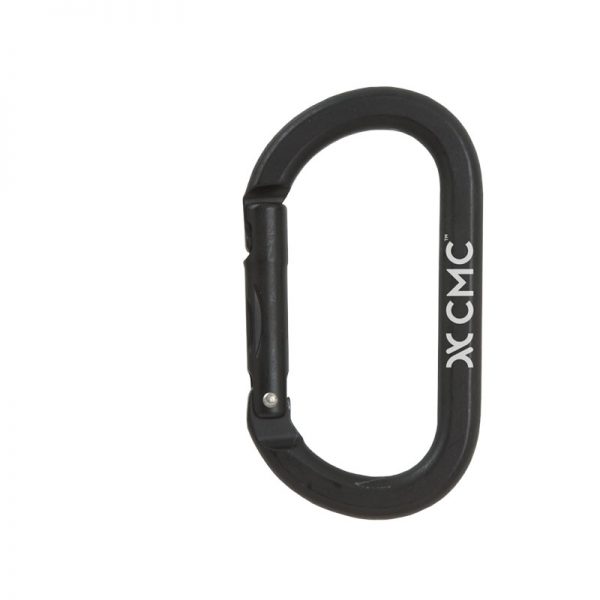 A black carabiner with the word CARABINER, ALUMINUM OVAL, CMC on it.