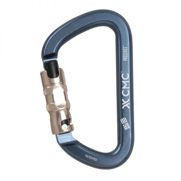 A blue carabiner with a metal handle.