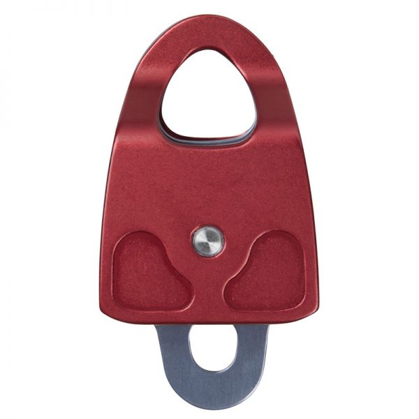A red PULLEY with a metal handle on a white background.