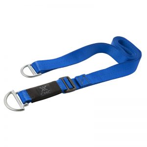 A blue nylon strap with a metal hook on it.