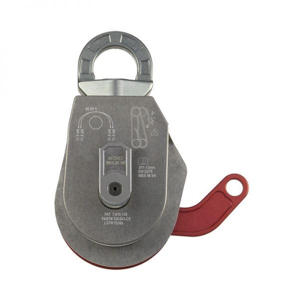 A CMC rescue pulley with a red handle on a white background.