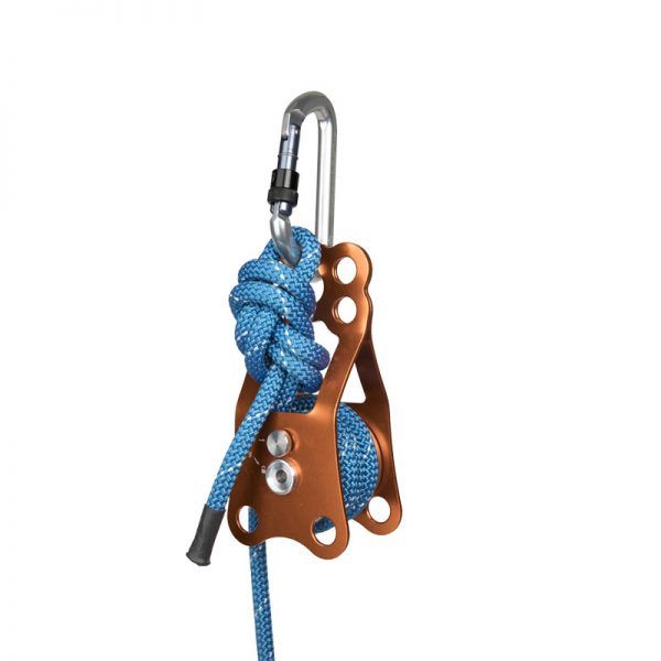 A PULLEY is attached to a carabiner on a white background.