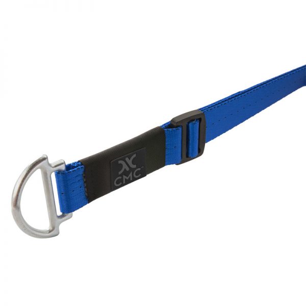 A blue dog leash with a black buckle.