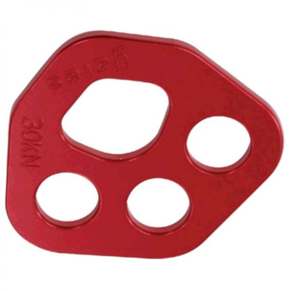 A red metal plate with four holes.