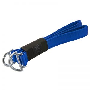 A blue strap with a metal hook on it.