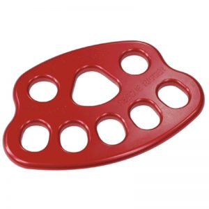 A red plate with four holes on it.