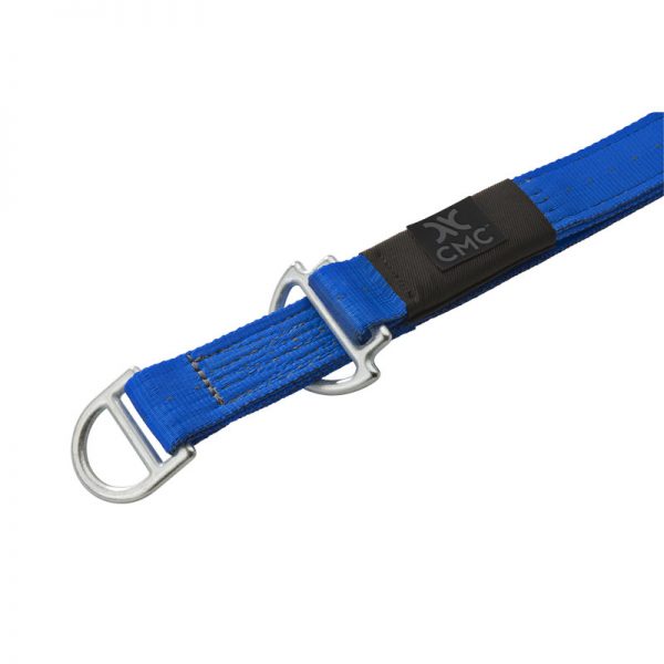 A blue nylon strap with a metal buckle.