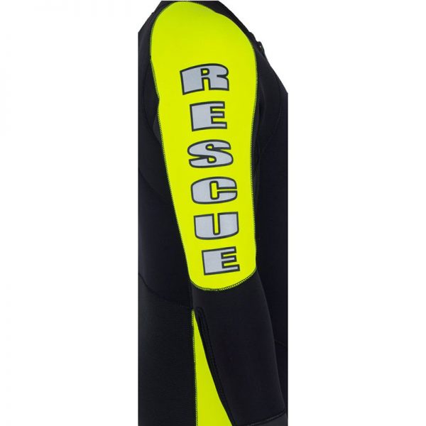 A black and yellow NRS Steamer 3/2mm wetsuit with the word rescue on it.