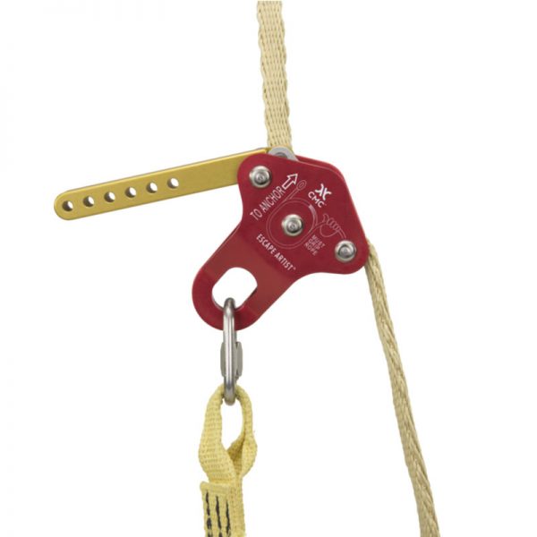 A red and yellow RESCUE RACK, CMC with a hook attached to it.