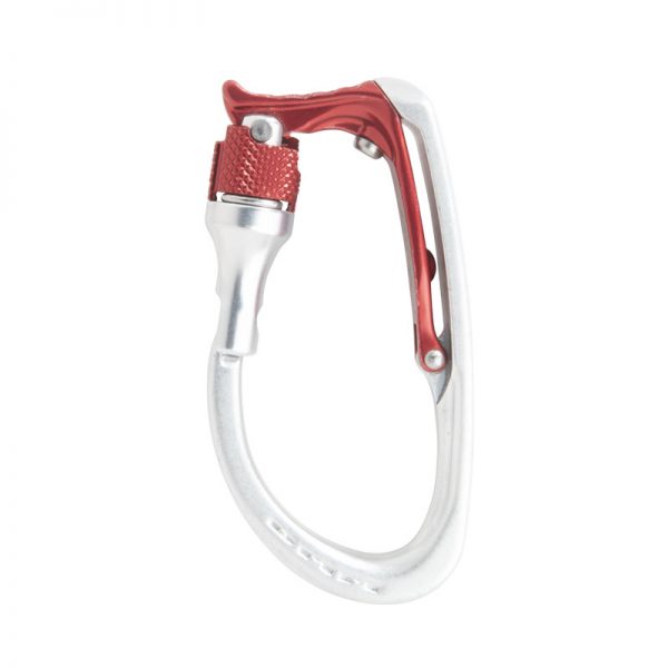 A red and white RESCUE RACK carabiner on a white background.