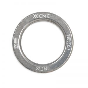 A stainless steel ring with the word RESCUE RACK, CMC on it.