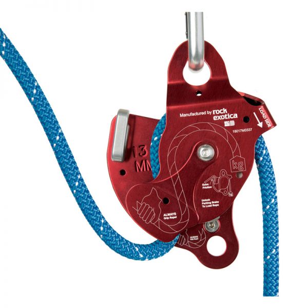 A red and blue RESCUE RACK rope is attached to a climbing carabiner.