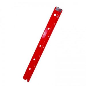A red metal bar with holes on it.