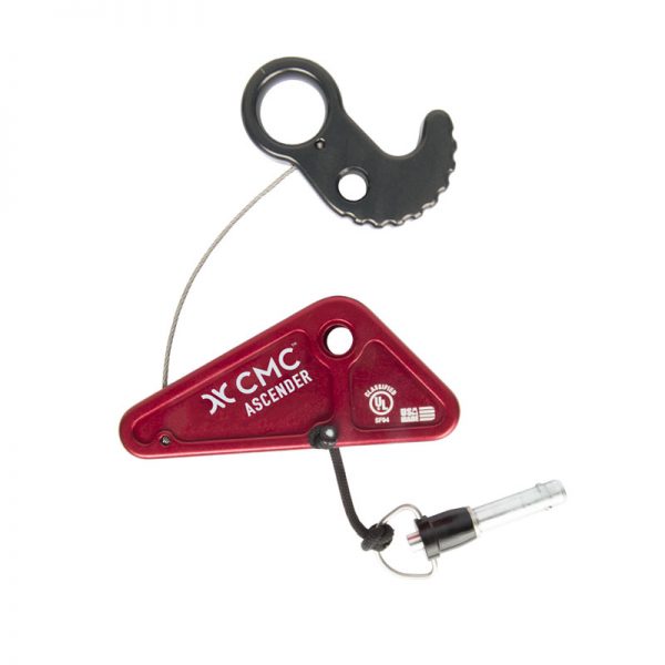 A red CMC ASCENDER holder with a key attached to it.