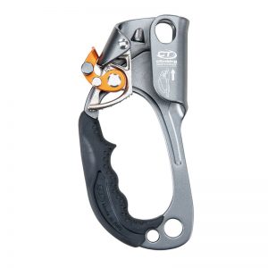 A climbing carabiner with a CMC ASCENDER handle.