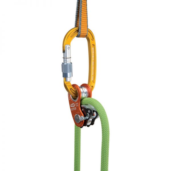 An orange and green CMC ASCENDER attached to a rope.