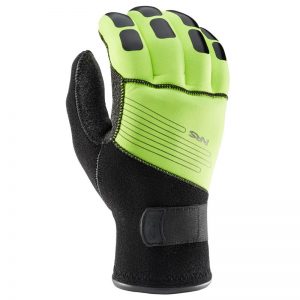 A pair of NRS Reactor Rescue Gloves with neon green and black accents.