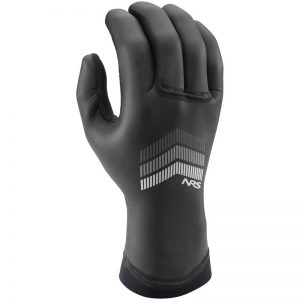 A pair of NRS Reactor Rescue Gloves with a black neoprene material and a silver logo.