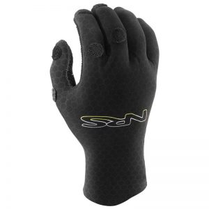NRS Reactor Rescue Gloves: A black glove with a yellow logo on it.