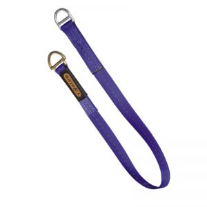 A purple 2-10 FT. EXTRA HD ANCHOR RUNNER sling strap with a metal hook.