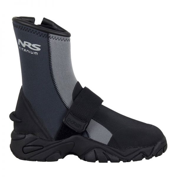 A pair of black and grey NRS ATB Wetshoes on a white background.