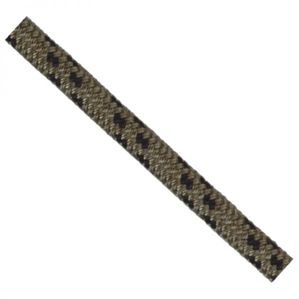 A black and brown 6.5 MM PRUSIK rope with a black and brown pattern.