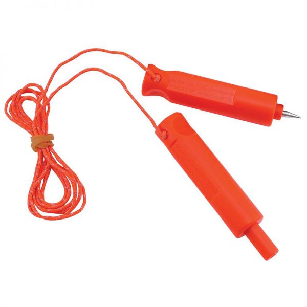 A pair of orange fishing rods with a cord attached to them.